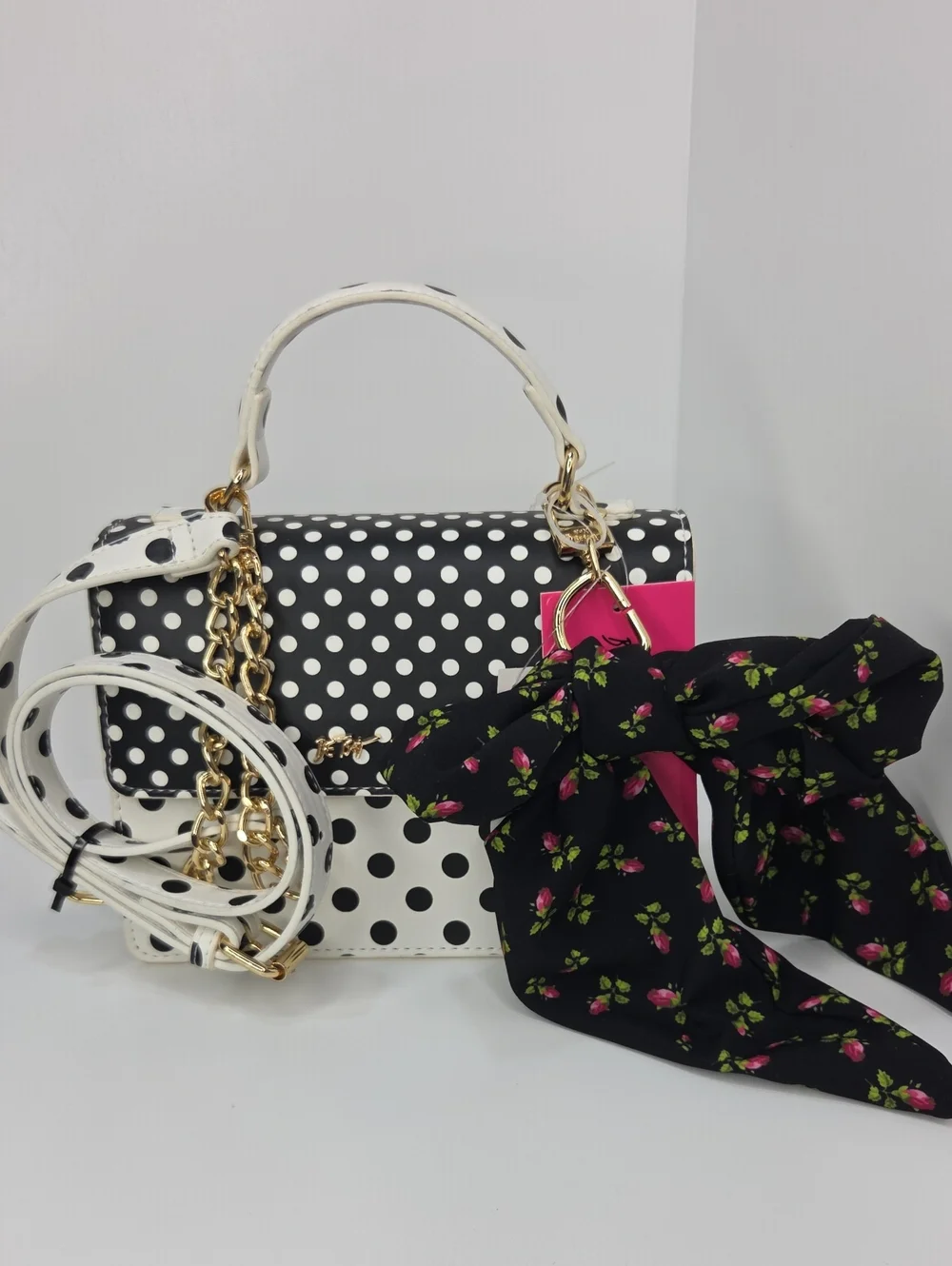 🖤▪️Betsey Johnson ▪️Polka Dot Top-Handle Crossbody Bag with Floral Scarf Charm